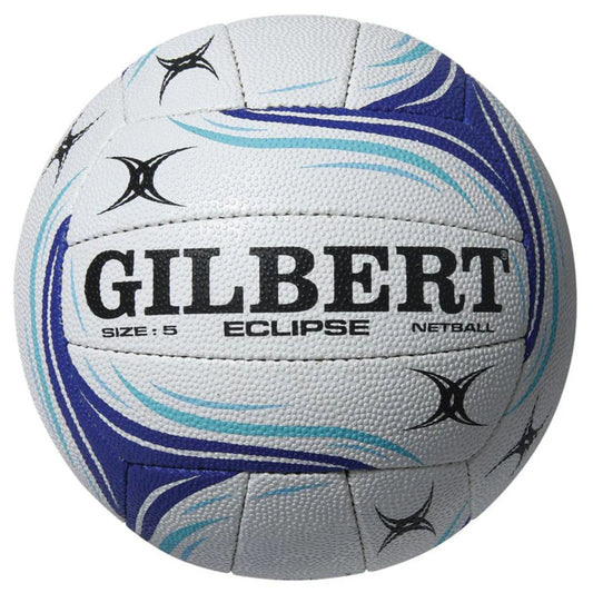Gilbert Eclipse netball with blue and gray design on a white background