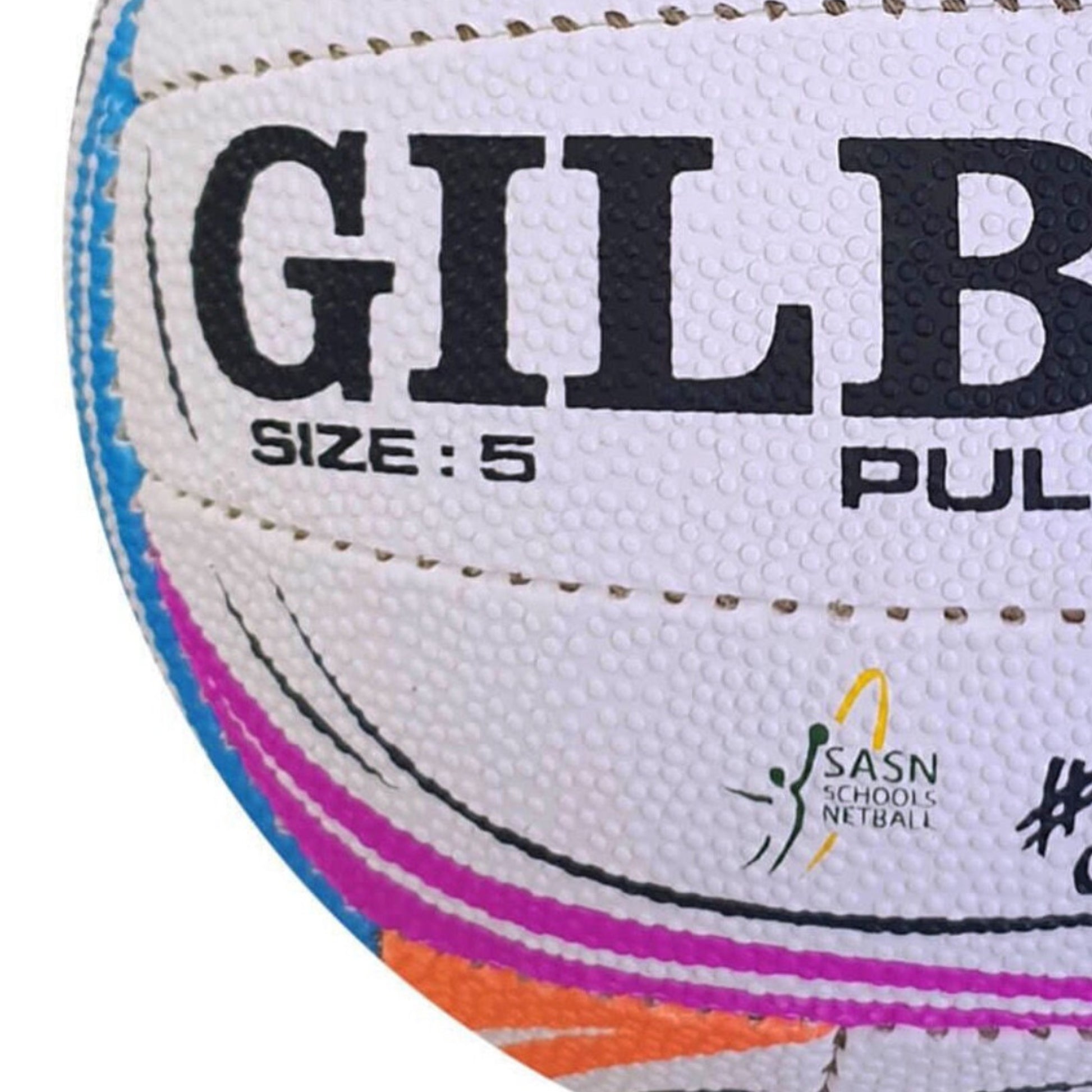 Close-up of a netball with 'Gilbert' branding and size indication.