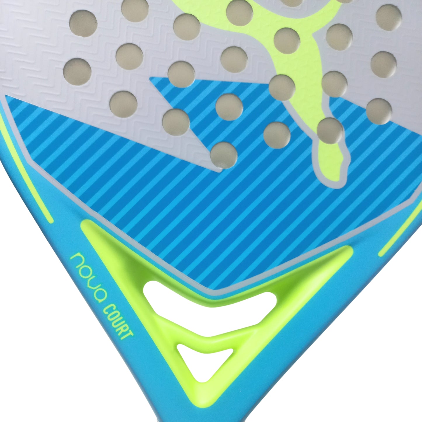 Close-up of a blue and green Puma padel racket with 'Nova Court' wording