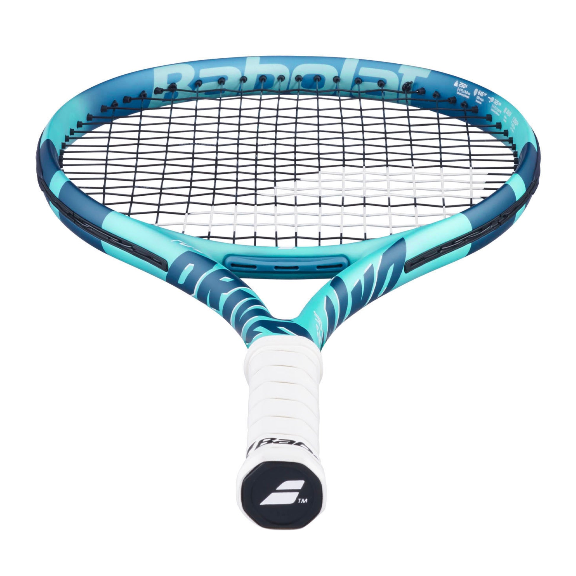Tennis racket with blue and white design on a white background