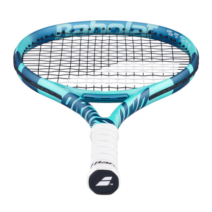 Tennis racket with blue and white design on a white background