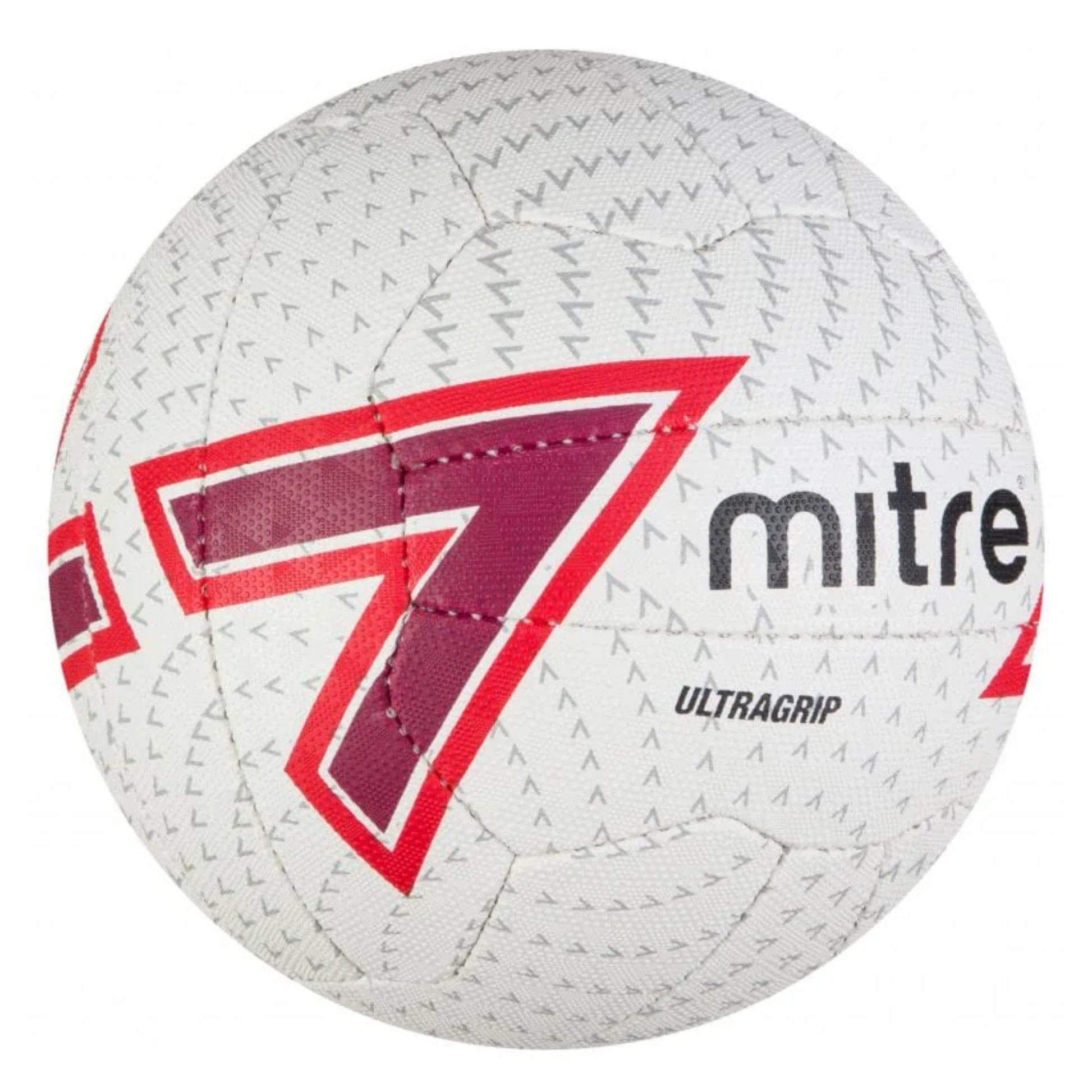 White netball balll with red and purple accents and Mitre branding on a white background