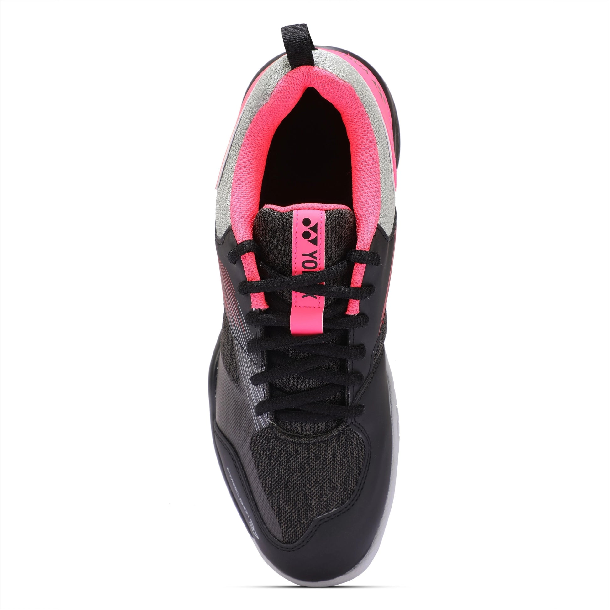 Black and pink Yonex shoe on a white background