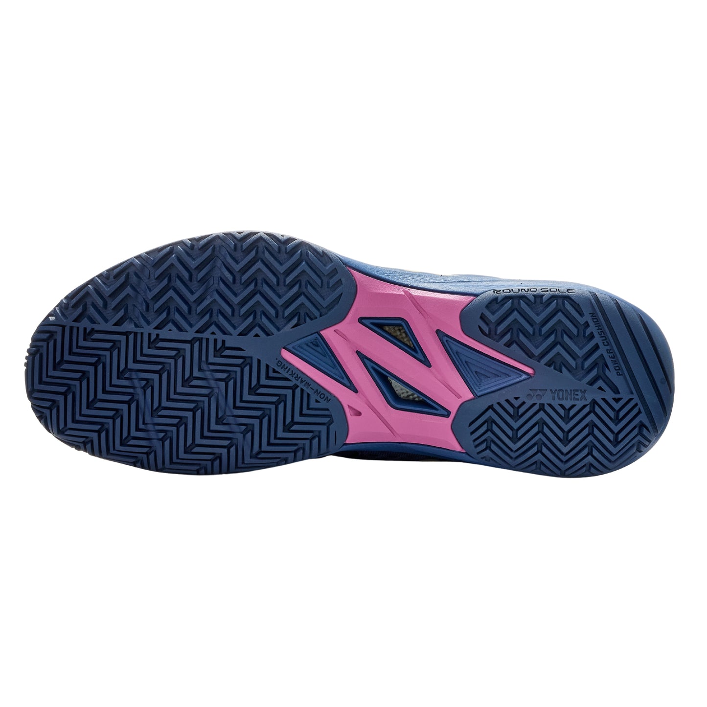 Navy and pink Yonex tennis shoe sole on a white background