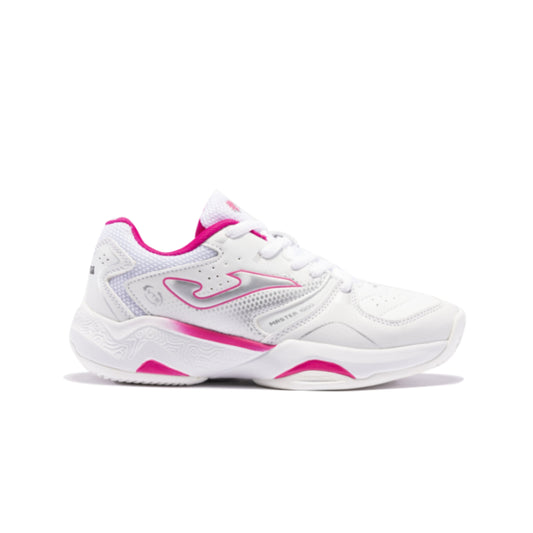 White and pink tennis shoe on a white background