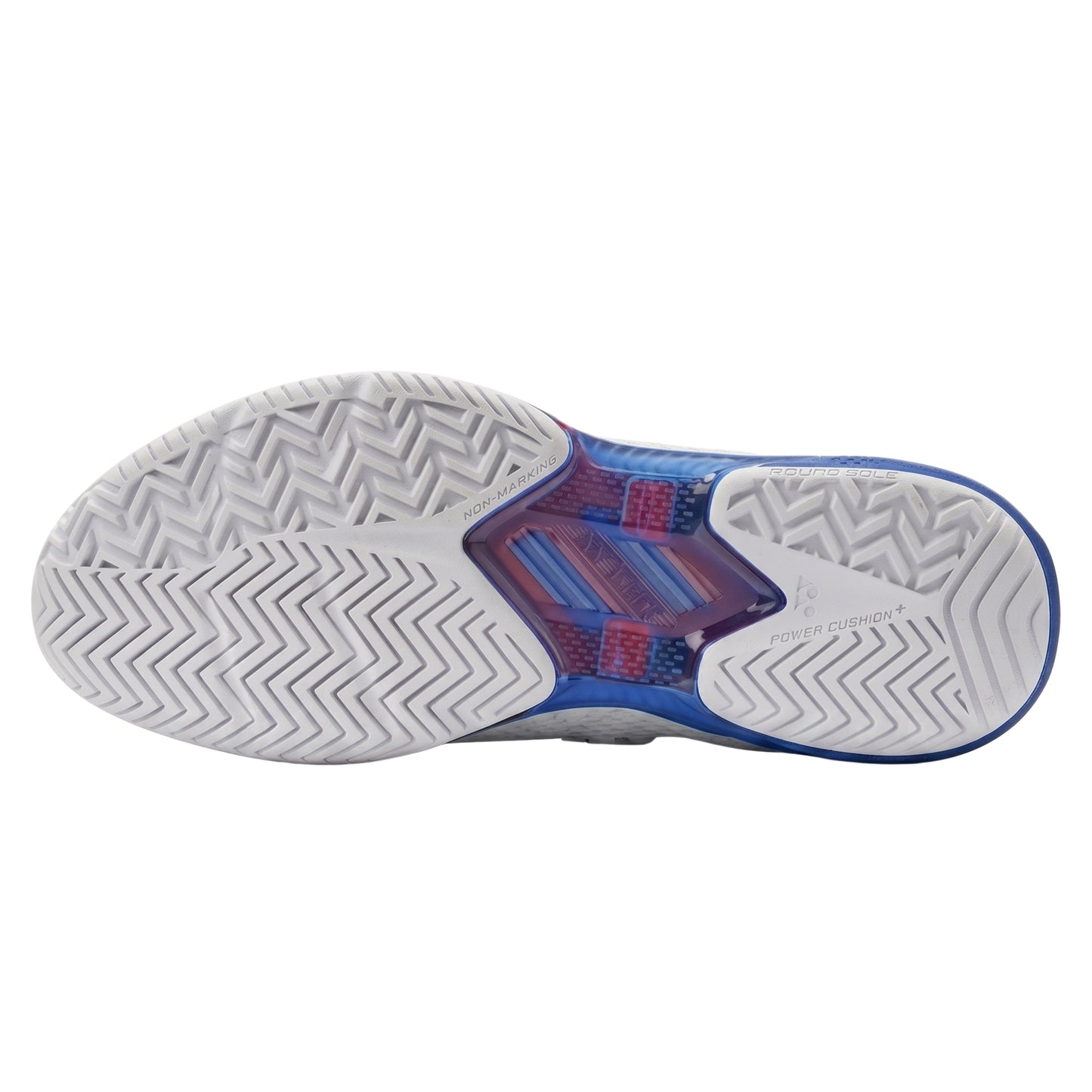 Close-up of a sports shoe sole with brand logo on a white background