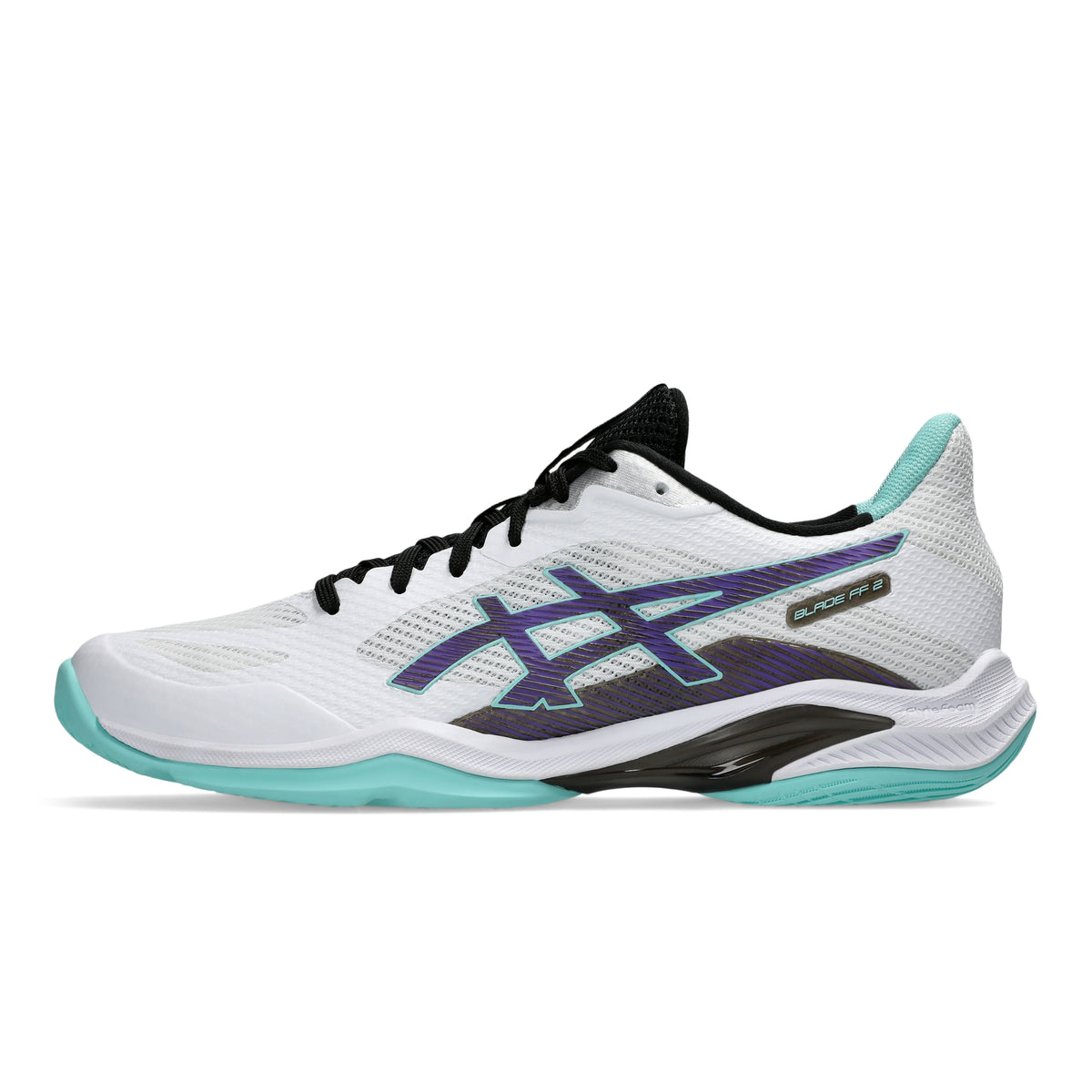 ASICS BLADE FF 2 tennis shoe in white with purple and black accents, featuring a light teal outsole, shown in a side profile on a white background.