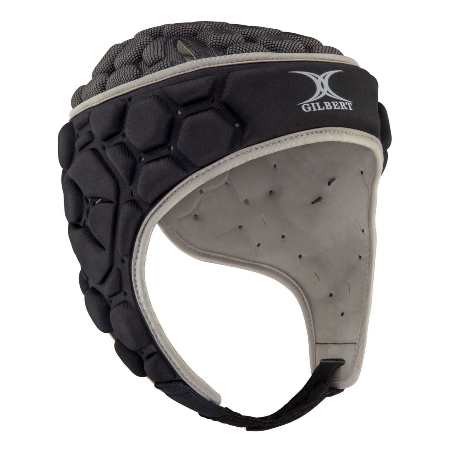 Black and gray rugby headguard with Gilbert logo on a white background
