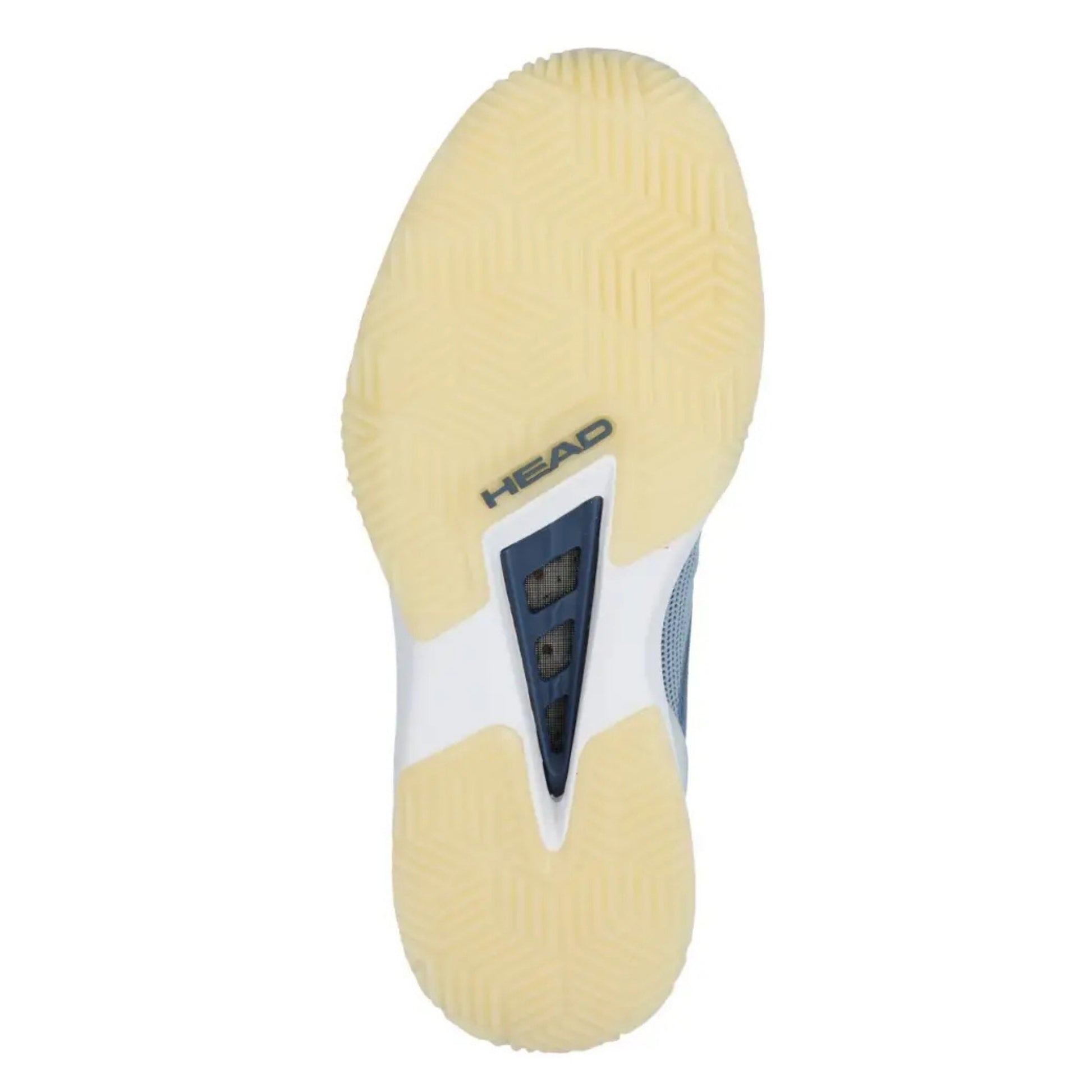 Close-up of a padel shoe sole with 'HEAD' branding on a white background