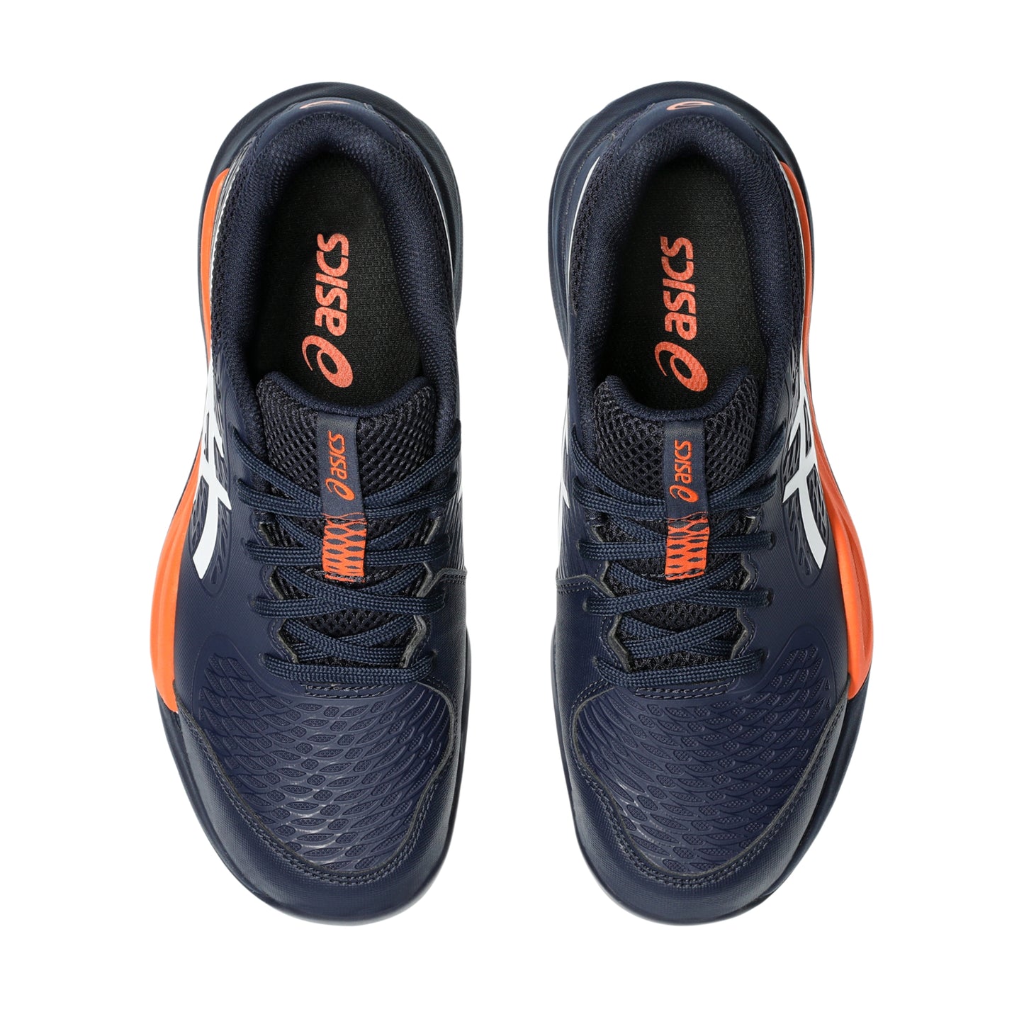Navy and orange Asics tennis shoes on a white background