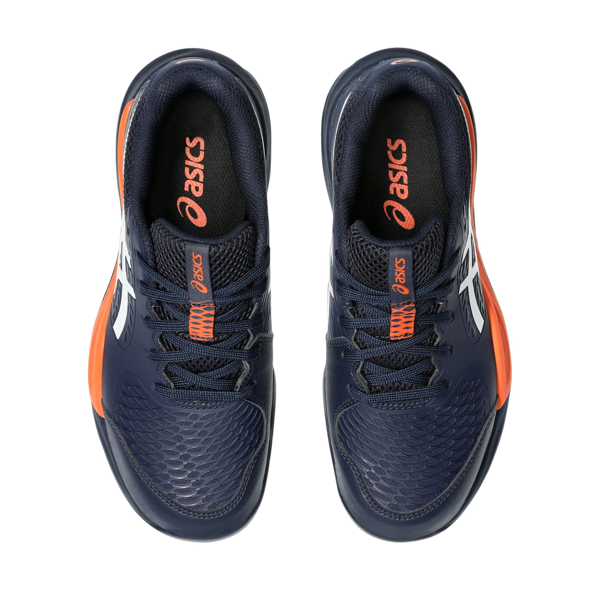 Navy and orange Asics tennis shoes on a white background