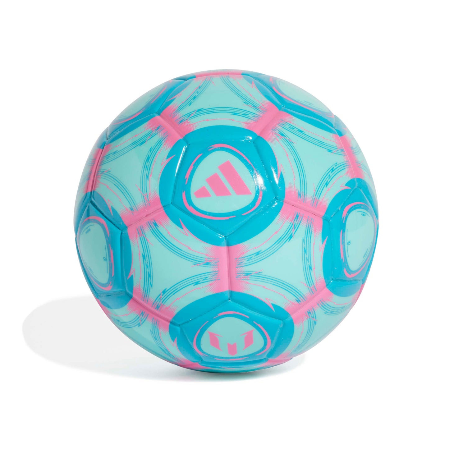 Adidas Pink and blue mini soccer ball with Adidas logo on a white background