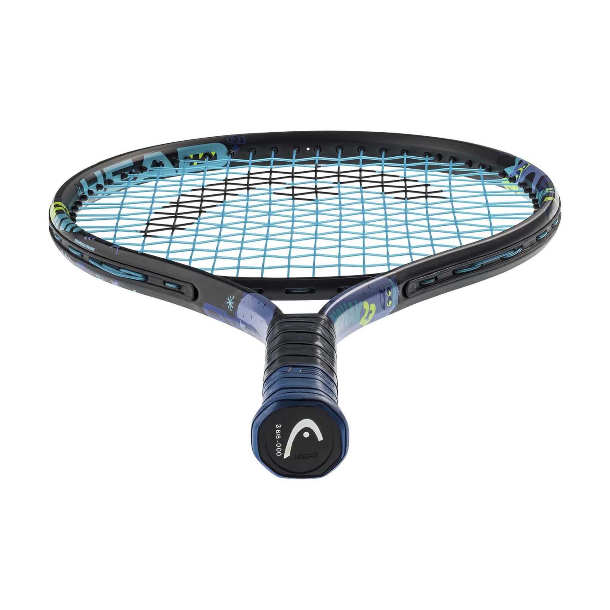 Head tennis racket with blue strings on a white background