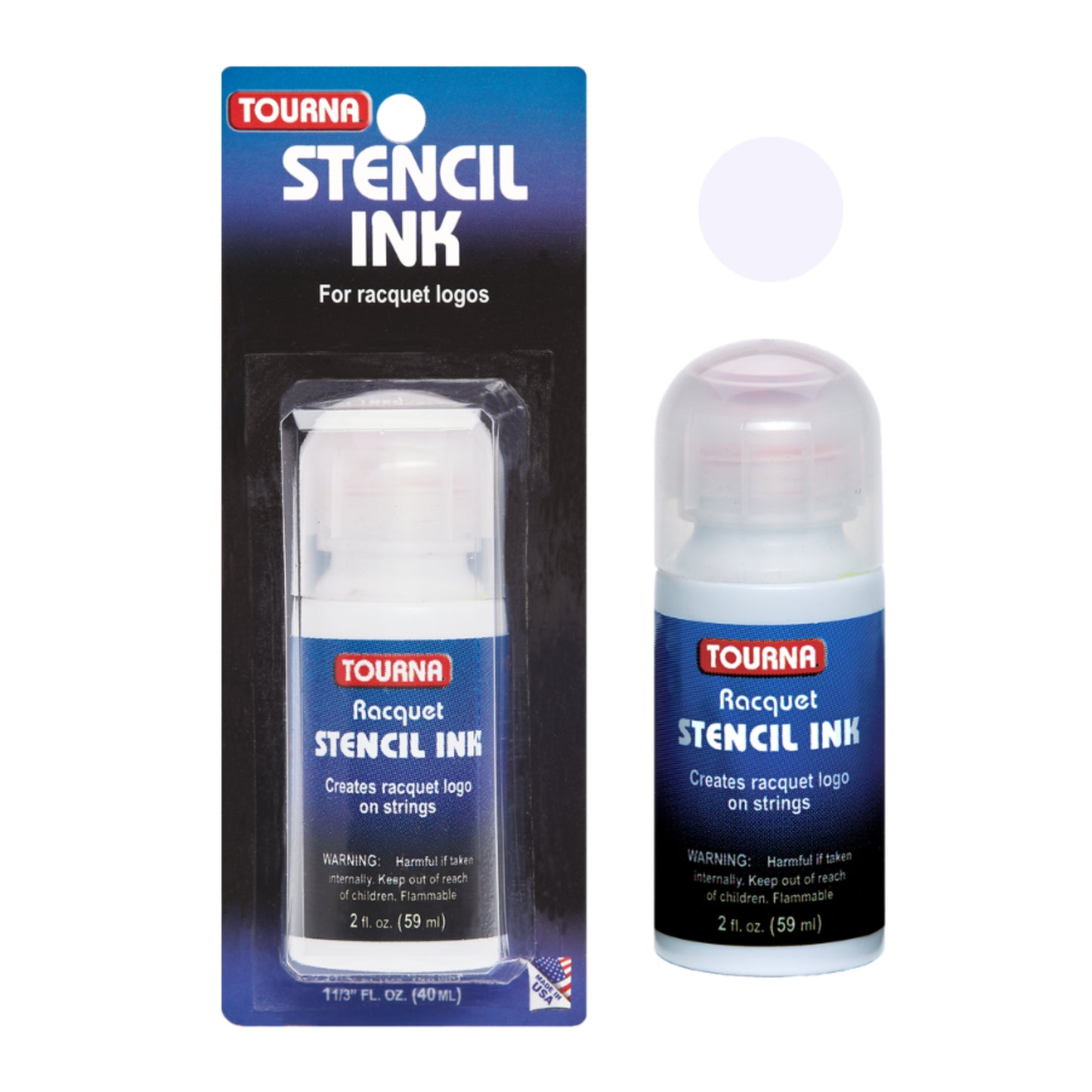 Tourna Racquet Stencil White Ink packaging and bottle on a white background