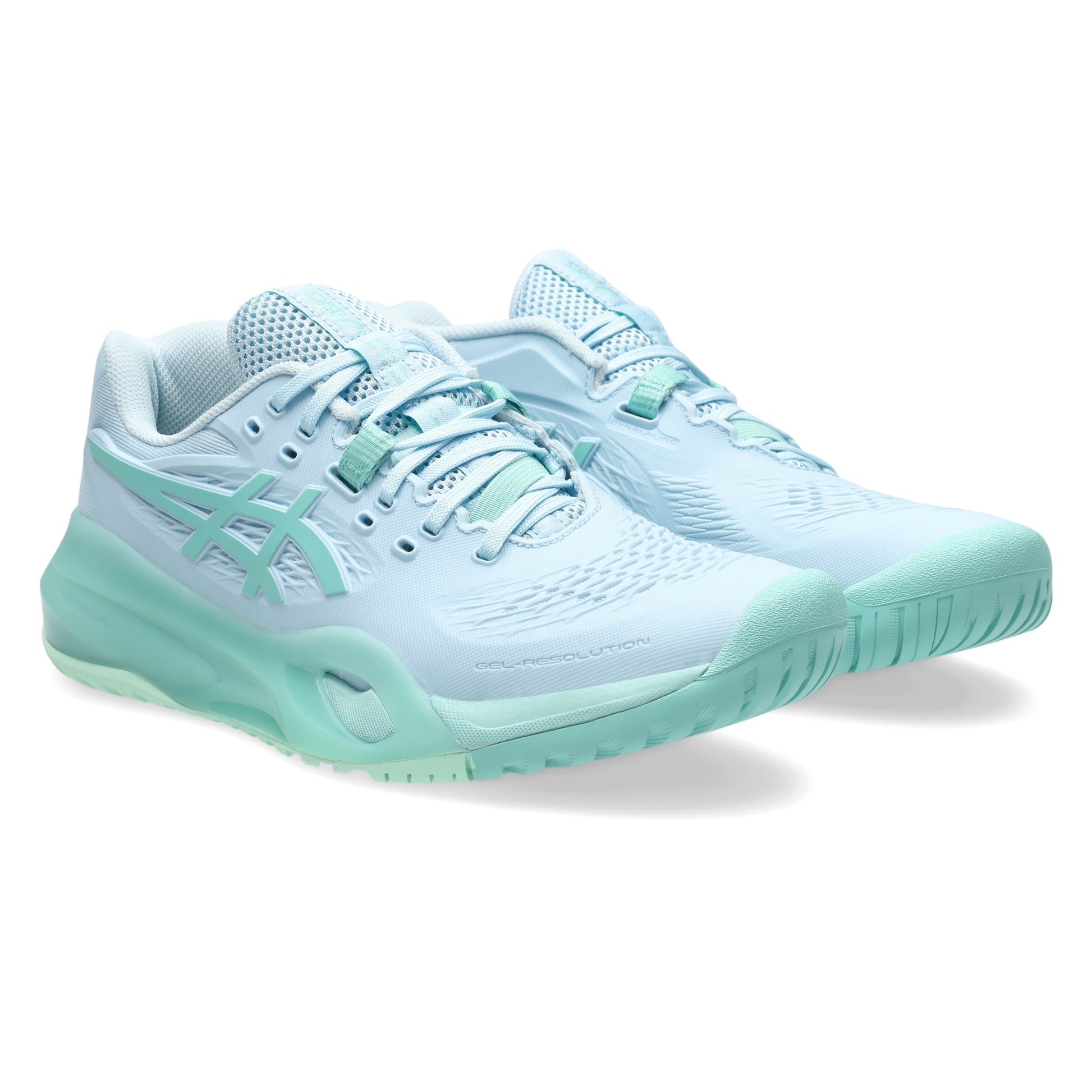 A pair of Asics tennis shoes in light blue and mint green, shown from a three-quarters angle on a white background.