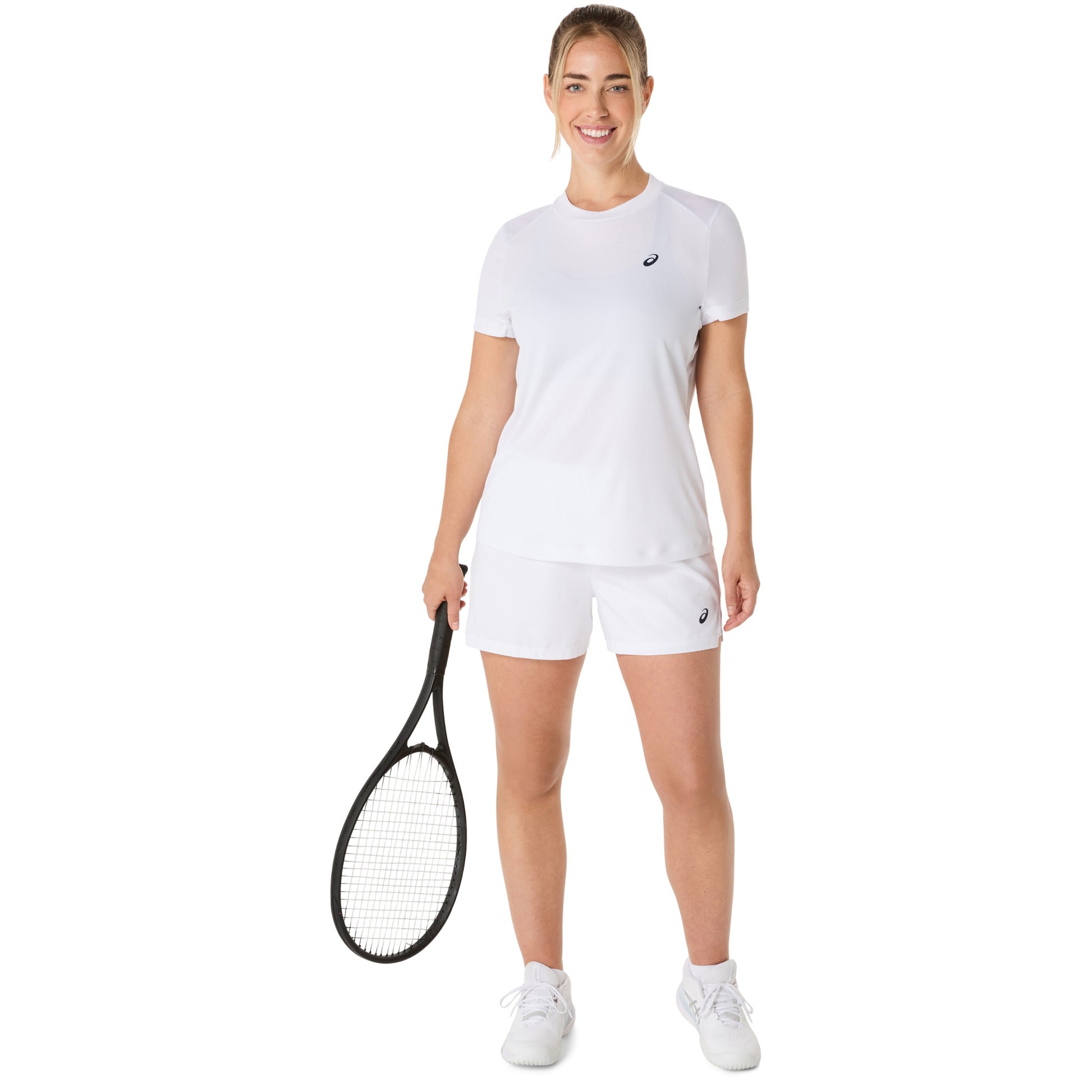 Woman in white tennis outfit holding a racket on a white background
