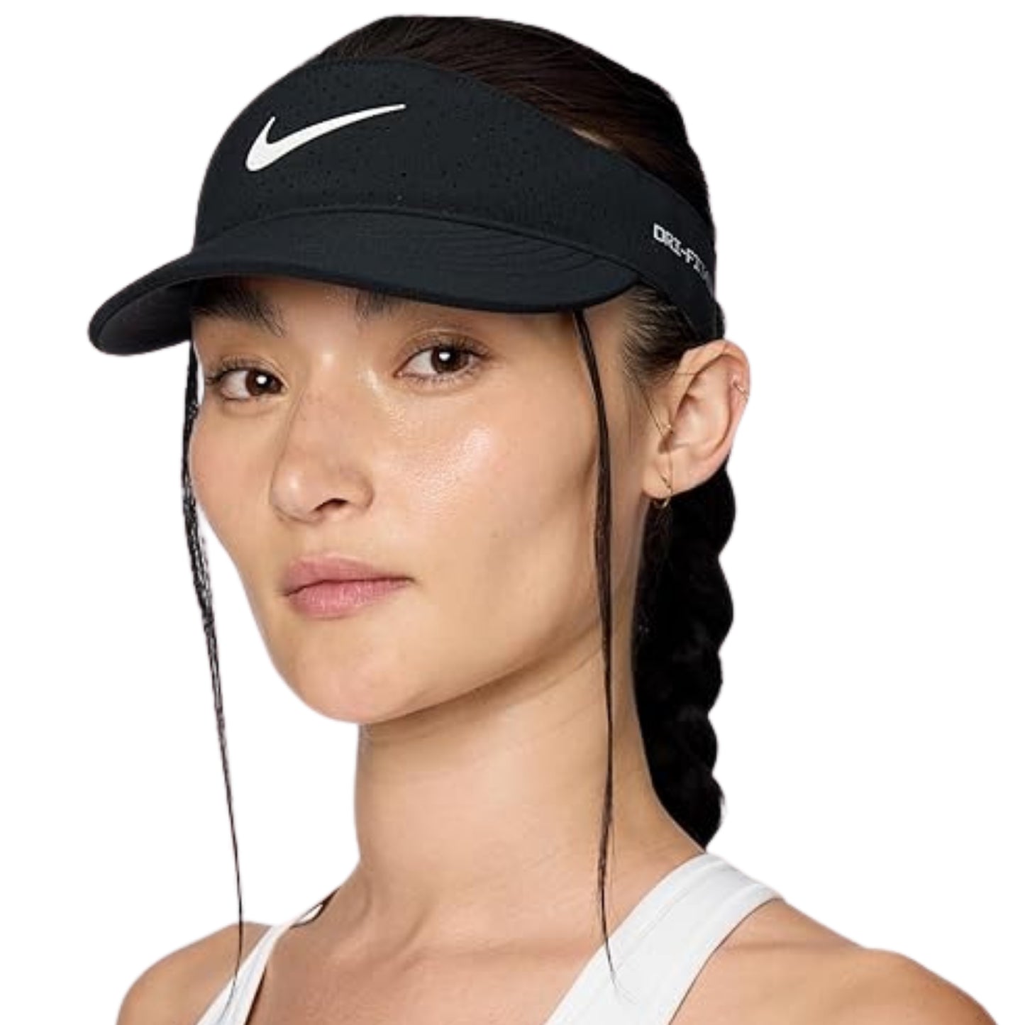 Woman wearing a black Nike visor with a white background