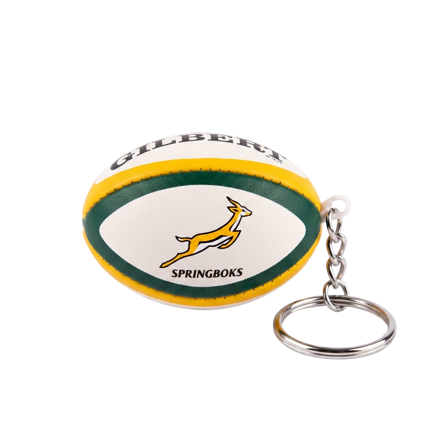 Keychain shaped like a rugby ball with 'Gilbert' and 'Springboks' branding on a white background