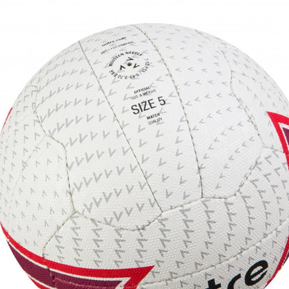 White netball balll with red and purple accents and wording size 5