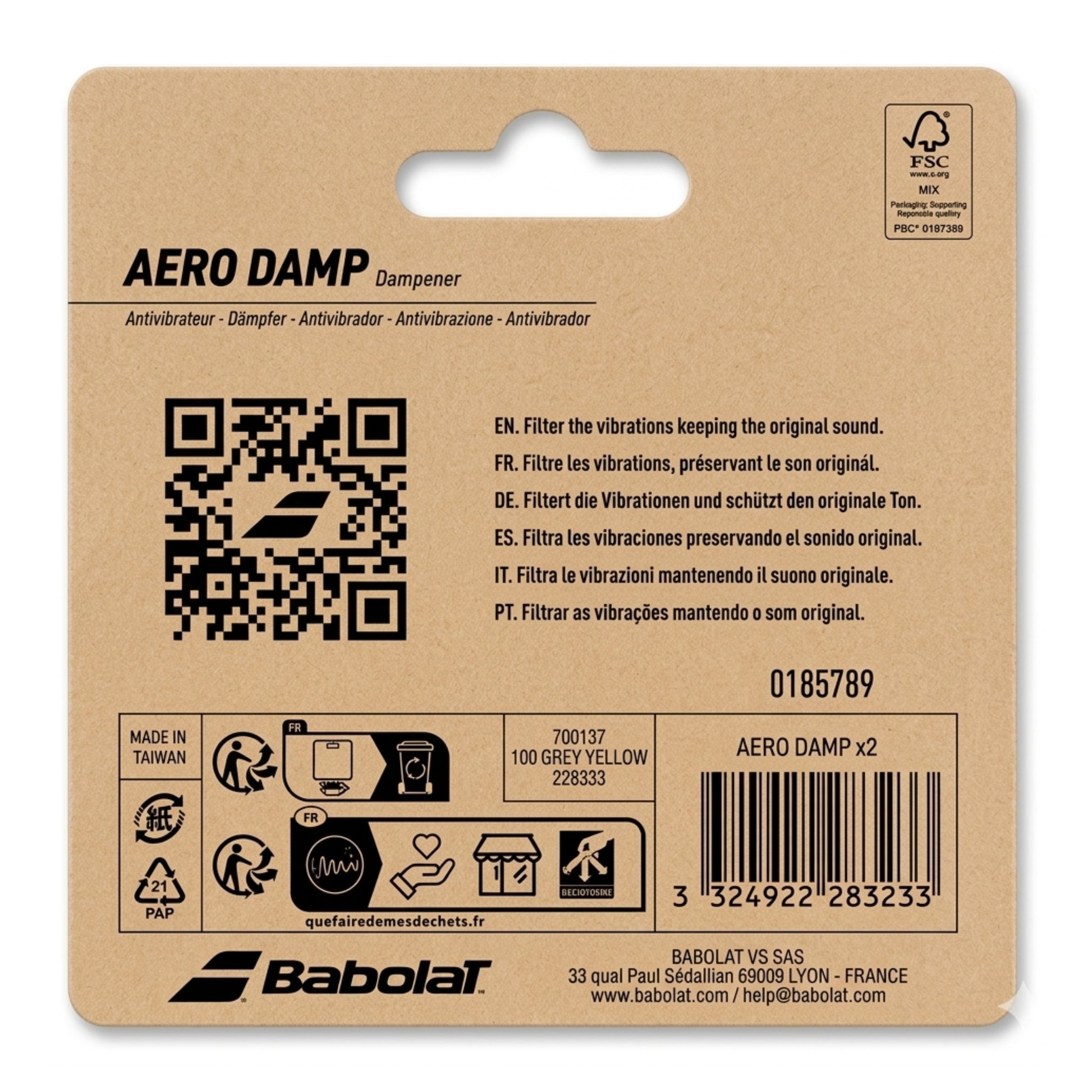 Babolat Aero Damp packaging with QR code and branding on a brown card