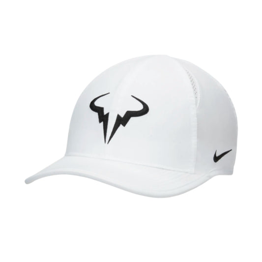 White cap with black logo on a white background