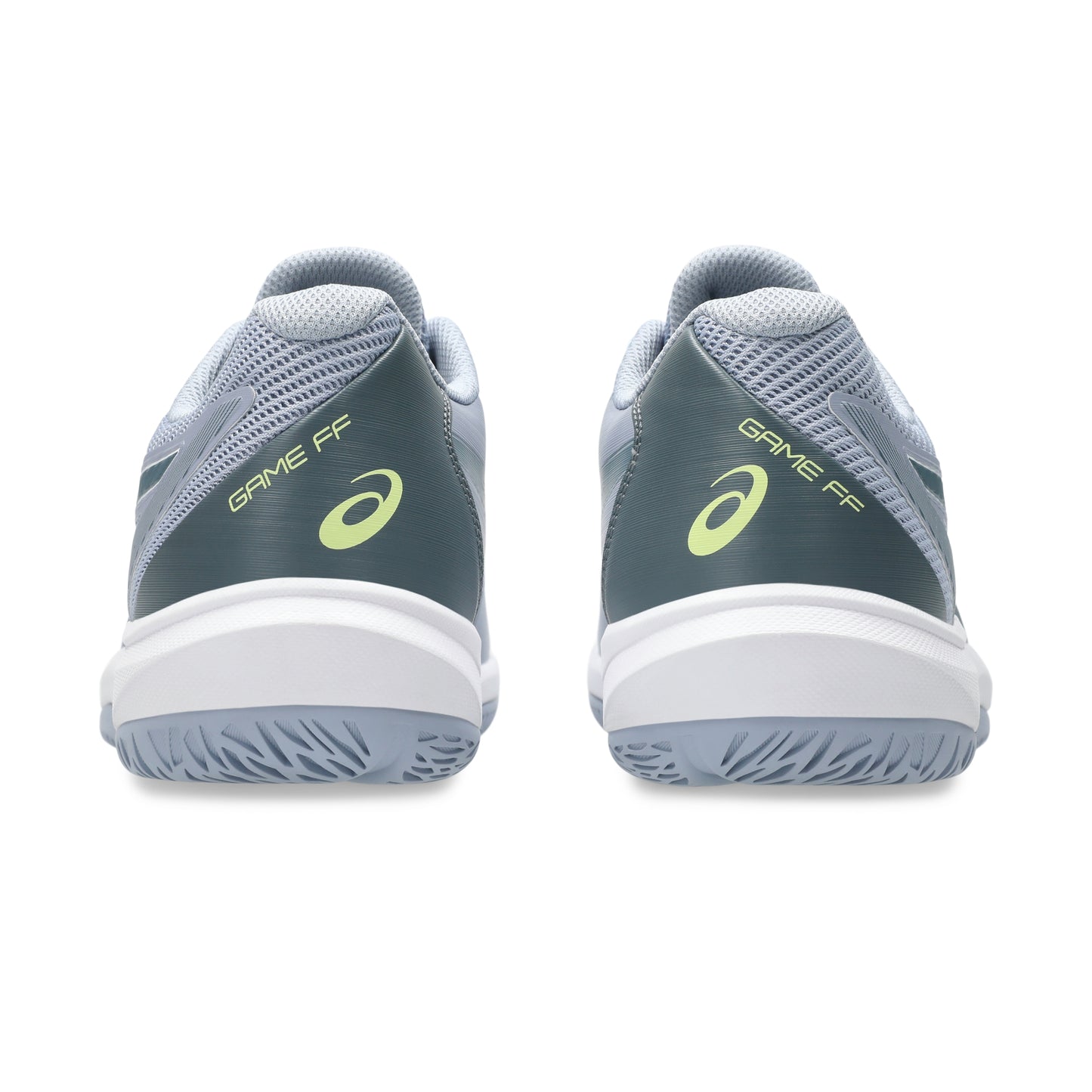 Back view of an Asics shoe with the wording Game FF on a white background