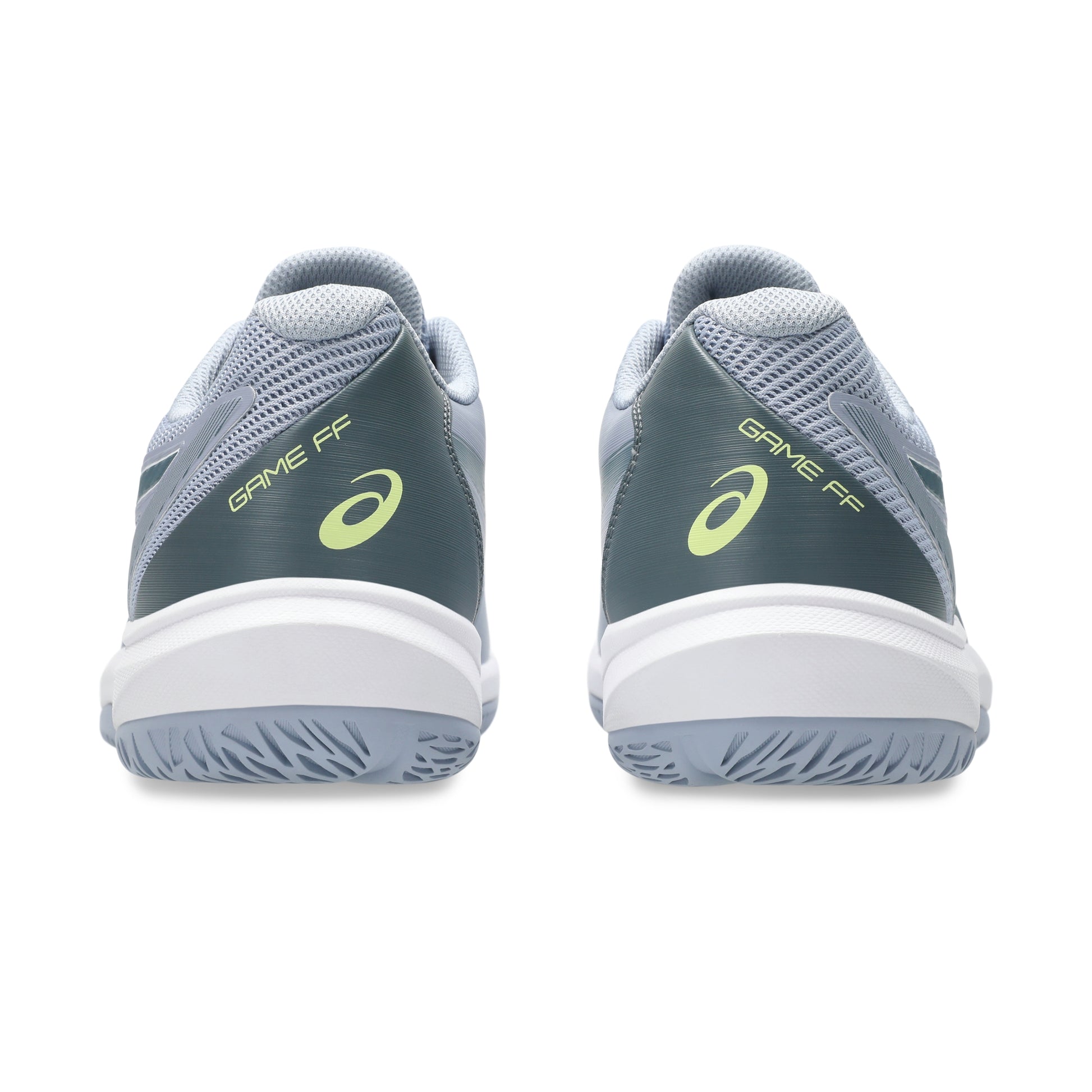 Back view of an Asics shoe with the wording Game FF on a white background