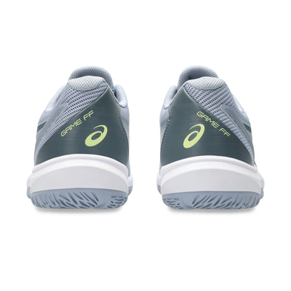 Back view of an Asics shoe with the wording Game FF on a white background