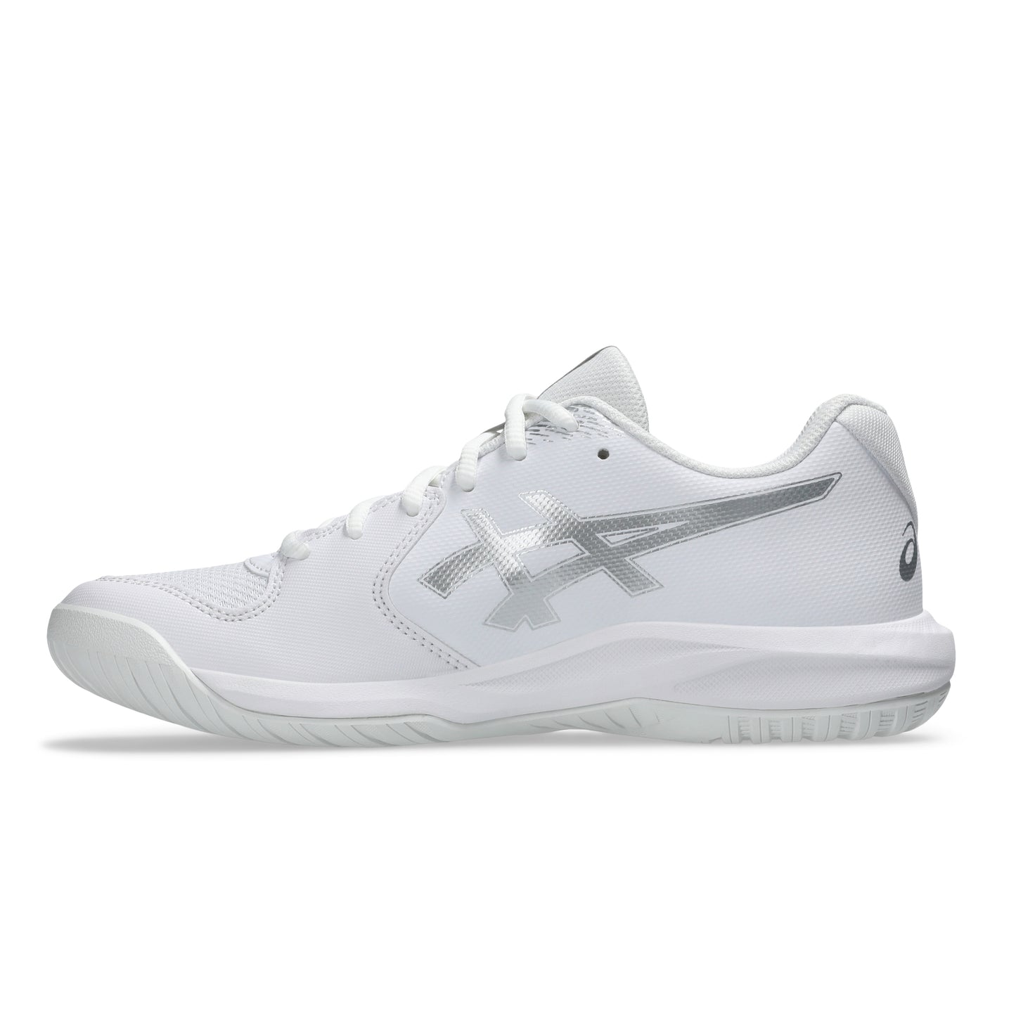 A white Asics tennis shoe with a metallic silver logo on the side, shown in profile against a clean white background.