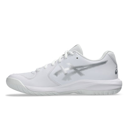 A white Asics tennis shoe with a metallic silver logo on the side, shown in profile against a clean white background.