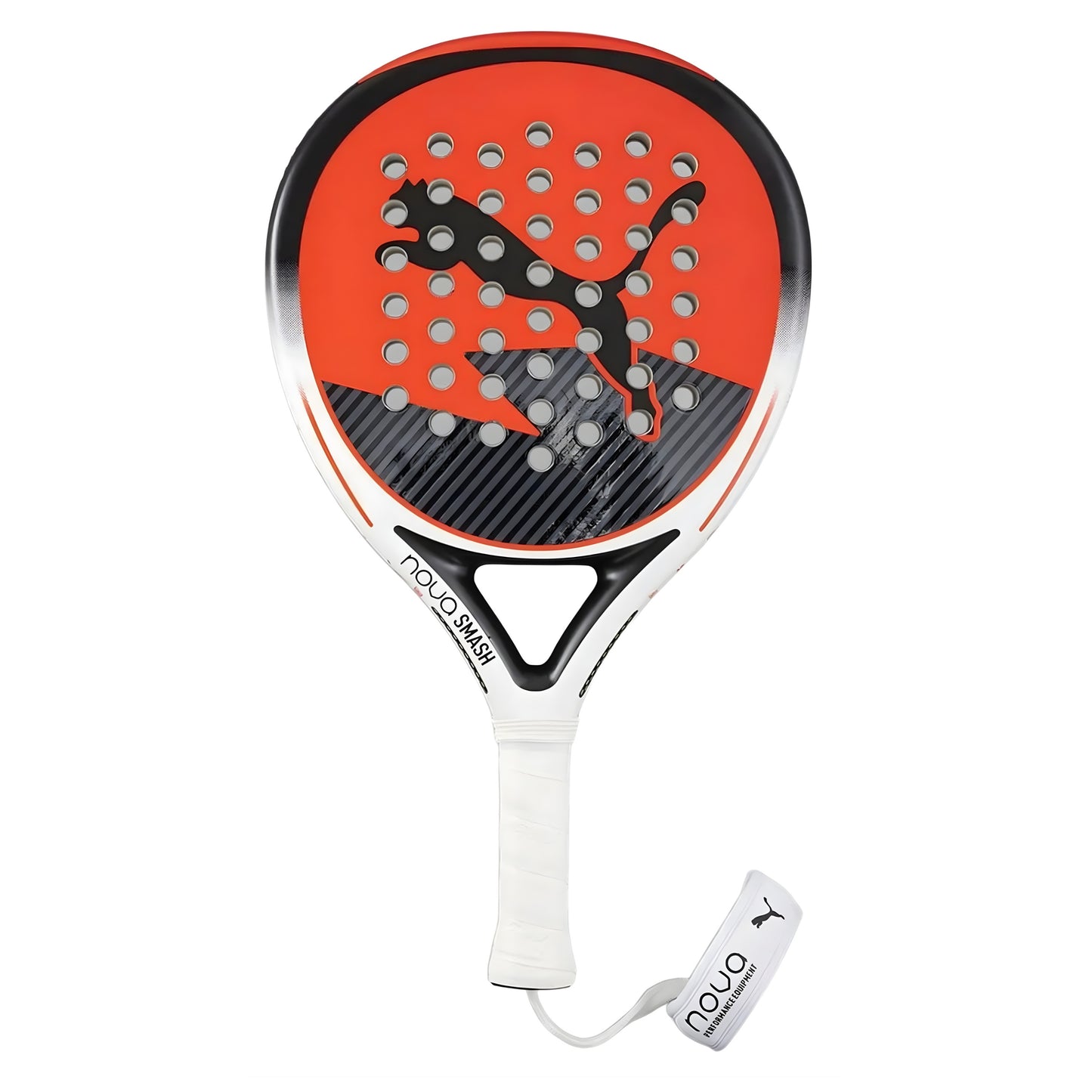 Puma padel racket with red and black design on a white background