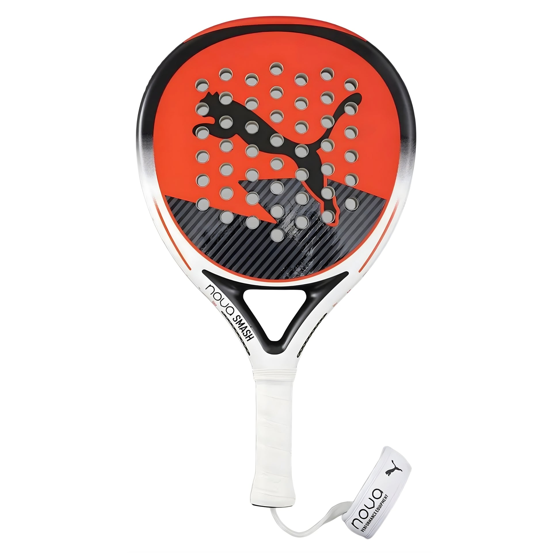 Puma padel racket with red and black design on a white background