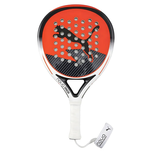 Puma padel racket with red and black design on a white background