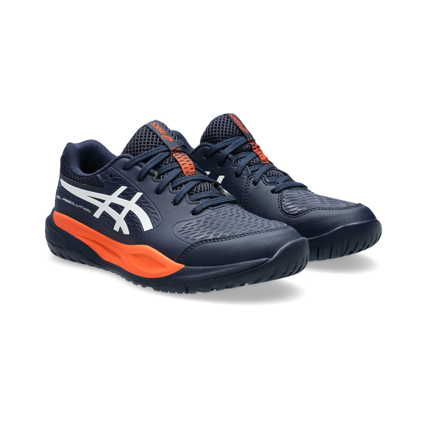 Navy and orange Asics tennis shoes with white logo on a white background