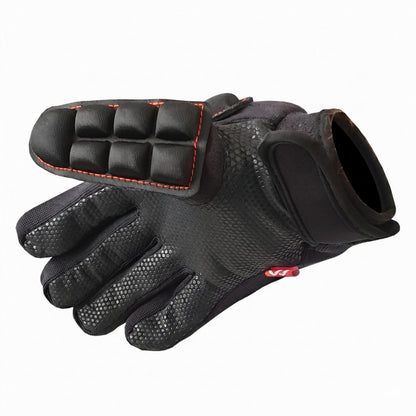 Black Mercian glove with orange stitching on a white background