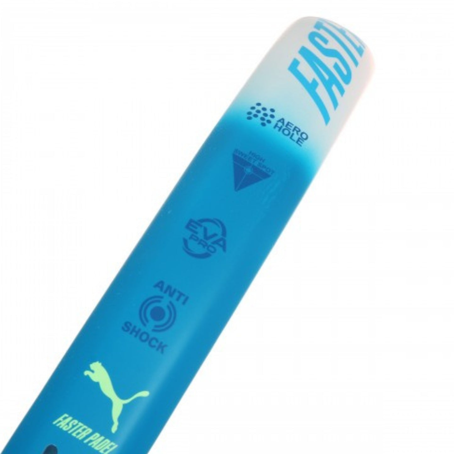 Blue and white padel racket with branding and text on a white background