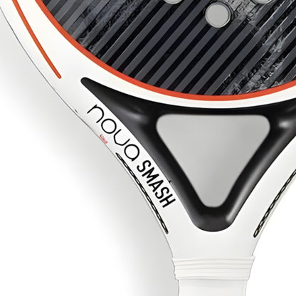 Close-up of a white and black padel racket with 'Novo Smash' branding on a white background