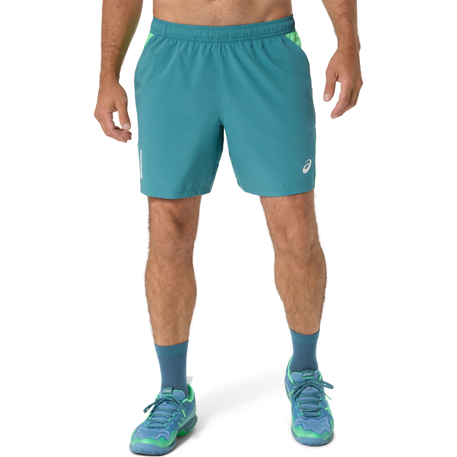 Teal athletic shorts with a brand logo on a white background