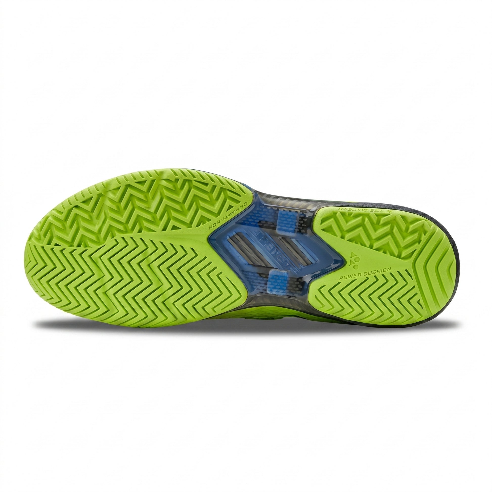 Close-up of a shoe sole with green tread pattern on a white background