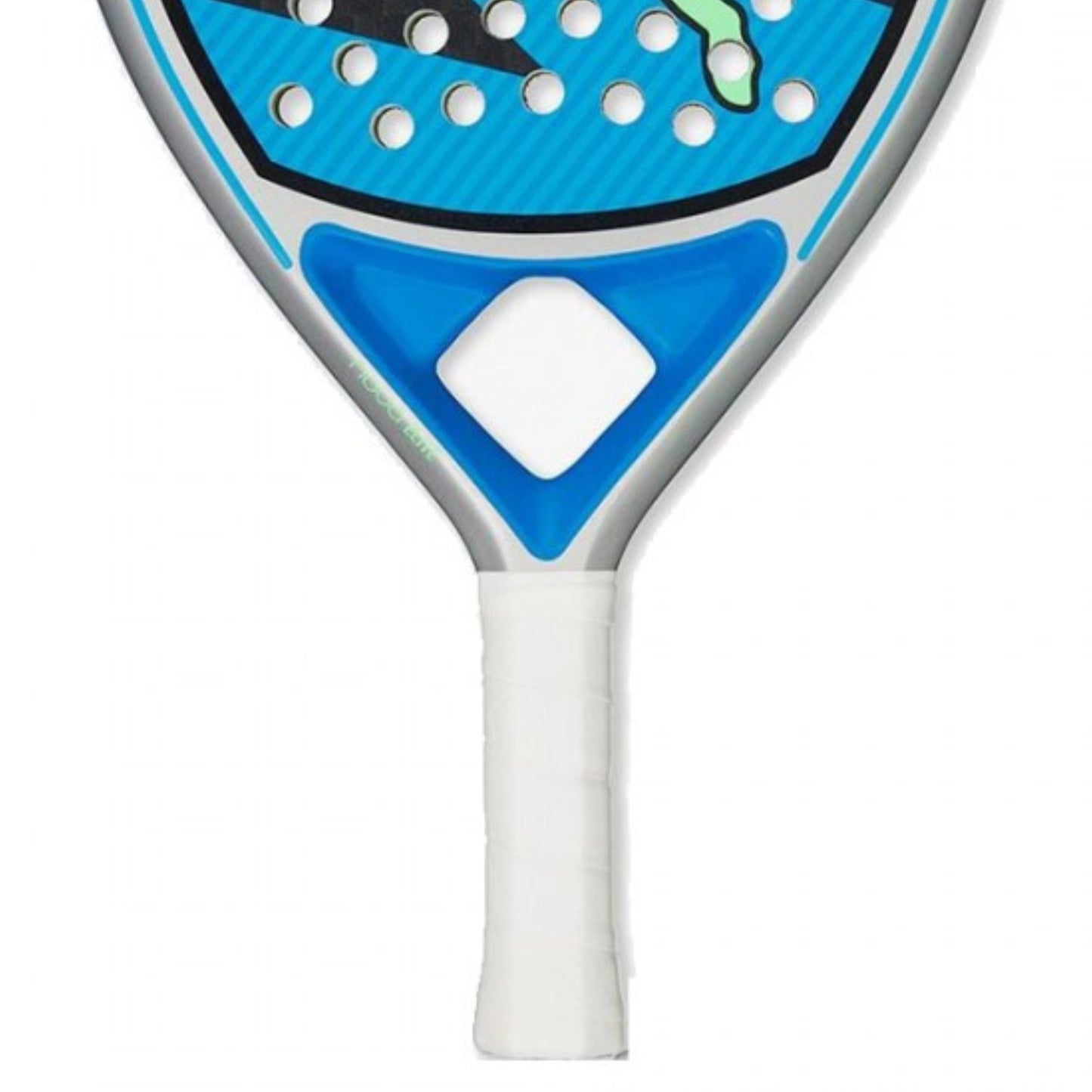 Close-up of the Puma blue and white padel racket on a white background