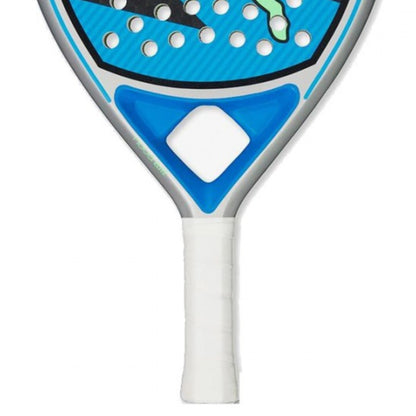 Close-up of the Puma blue and white padel racket on a white background