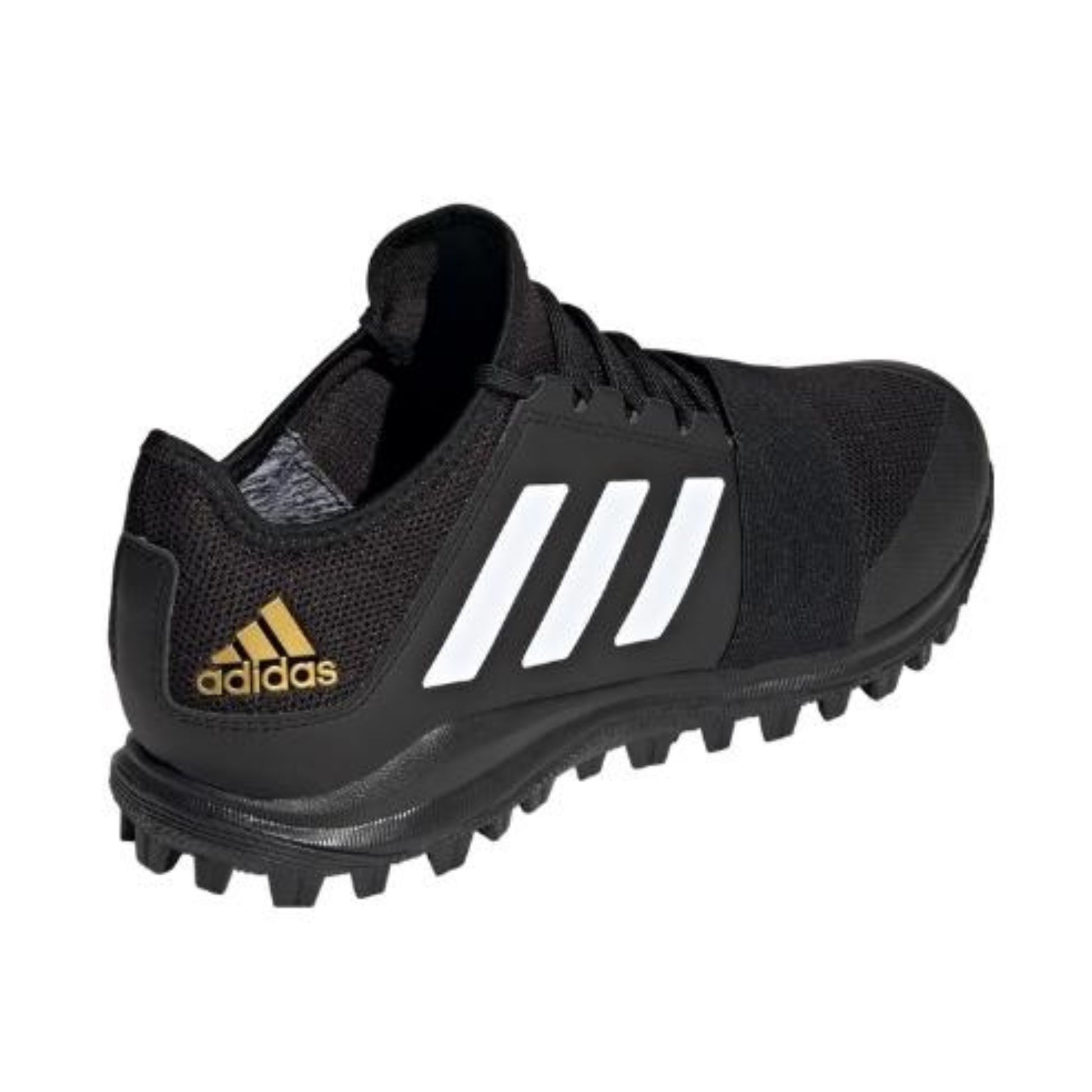 Black Adidas hockey shoe with white stripes on a white background