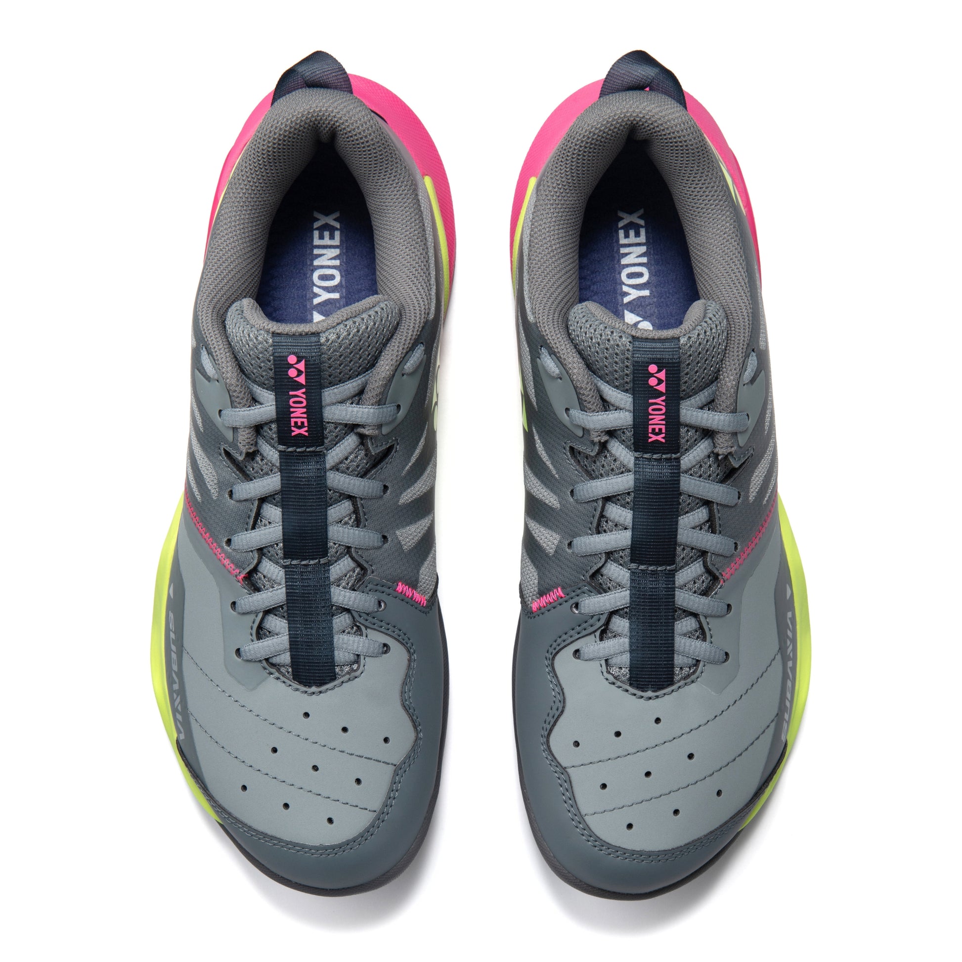 Gray Yonex squash shoes with pink and yellow accents on a white background