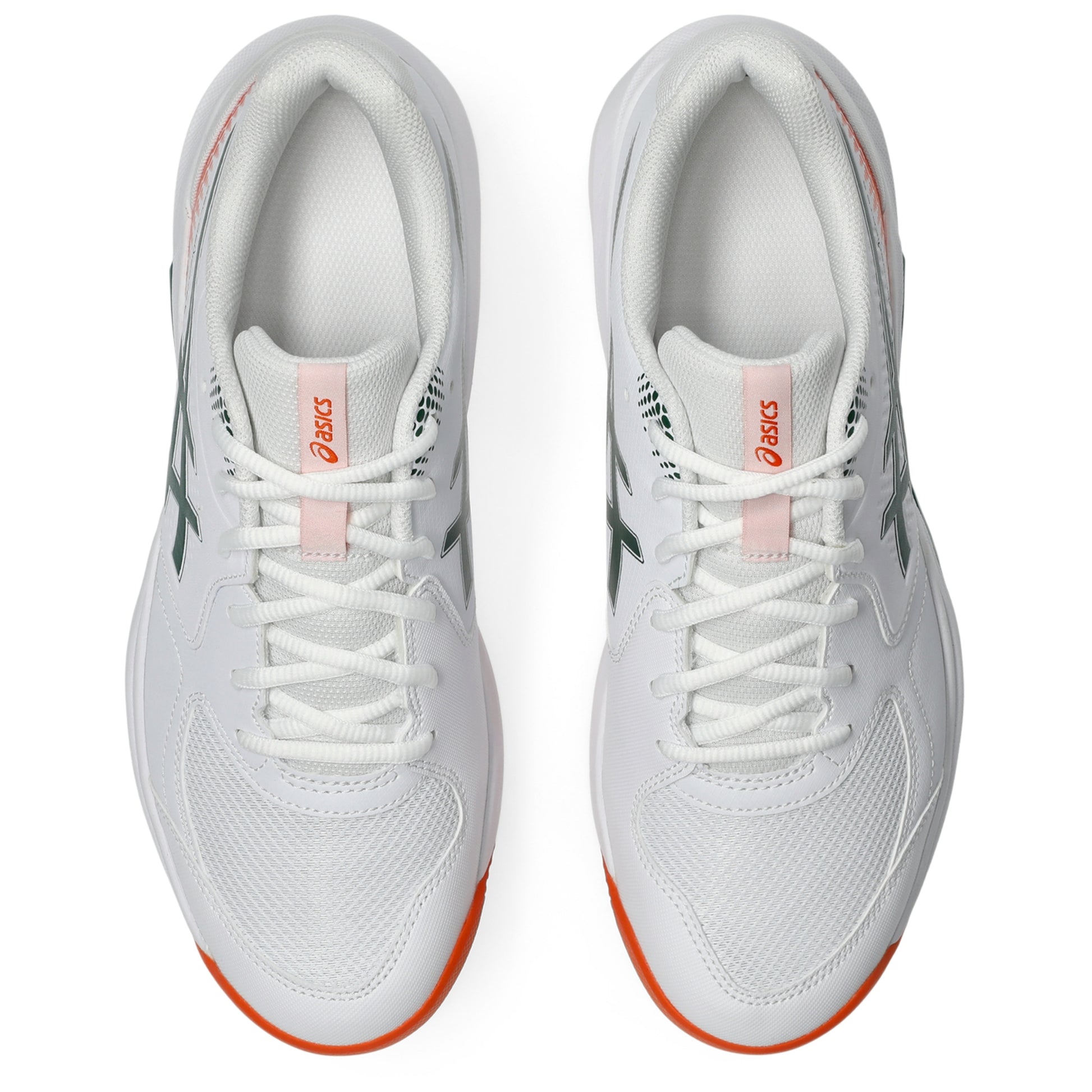 A pair of white Asics padel shoes shown from a top-down view on a clean white background, featuring light pink tongue tabs and dark green side stripes.