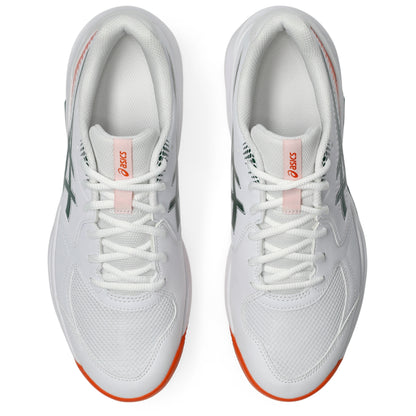 A pair of white Asics padel shoes shown from a top-down view on a clean white background, featuring light pink tongue tabs and dark green side stripes.