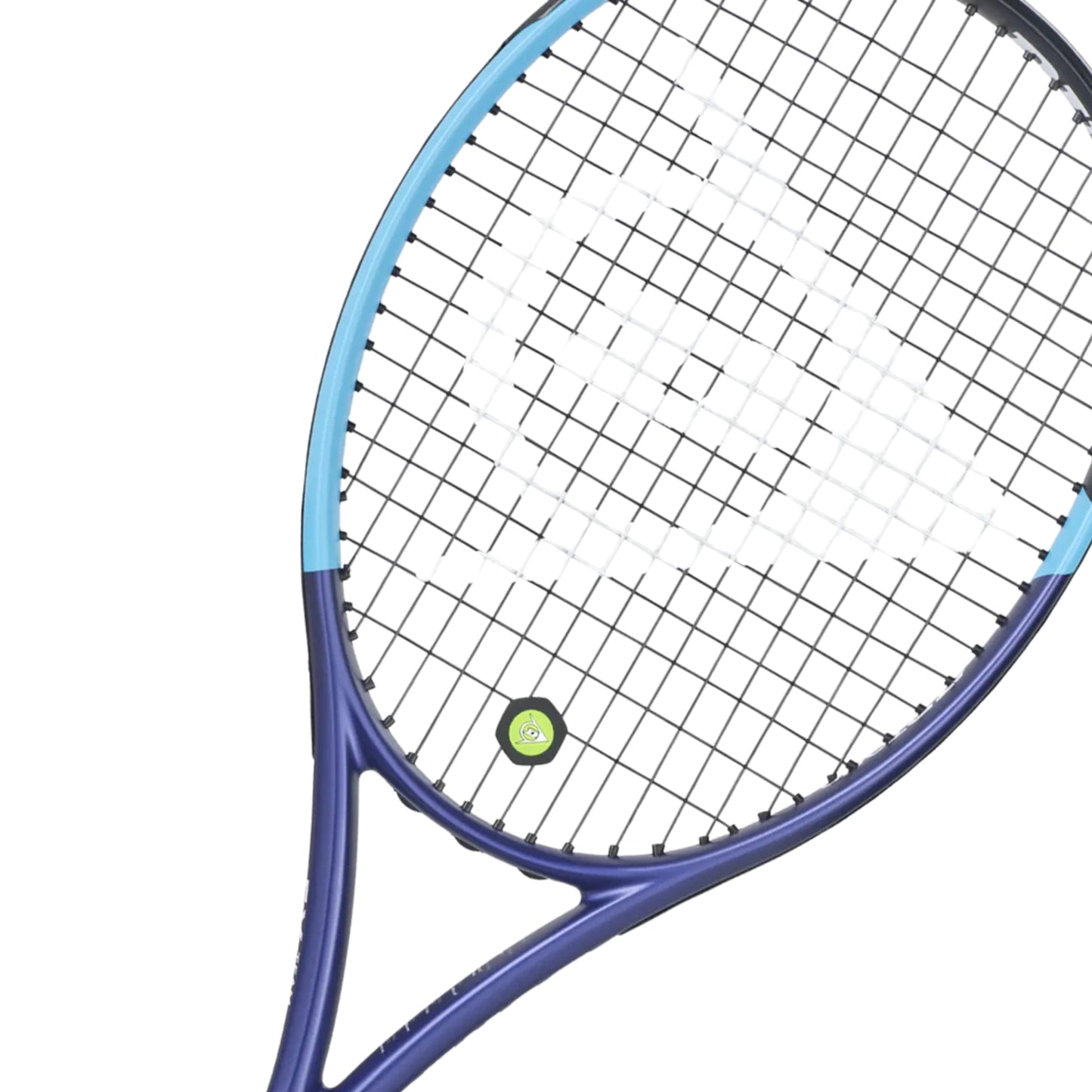 A close-up of a tennis racket head on a plain white background, showing a blue and purple frame with white strings and a small yellow-green logo near the throat.