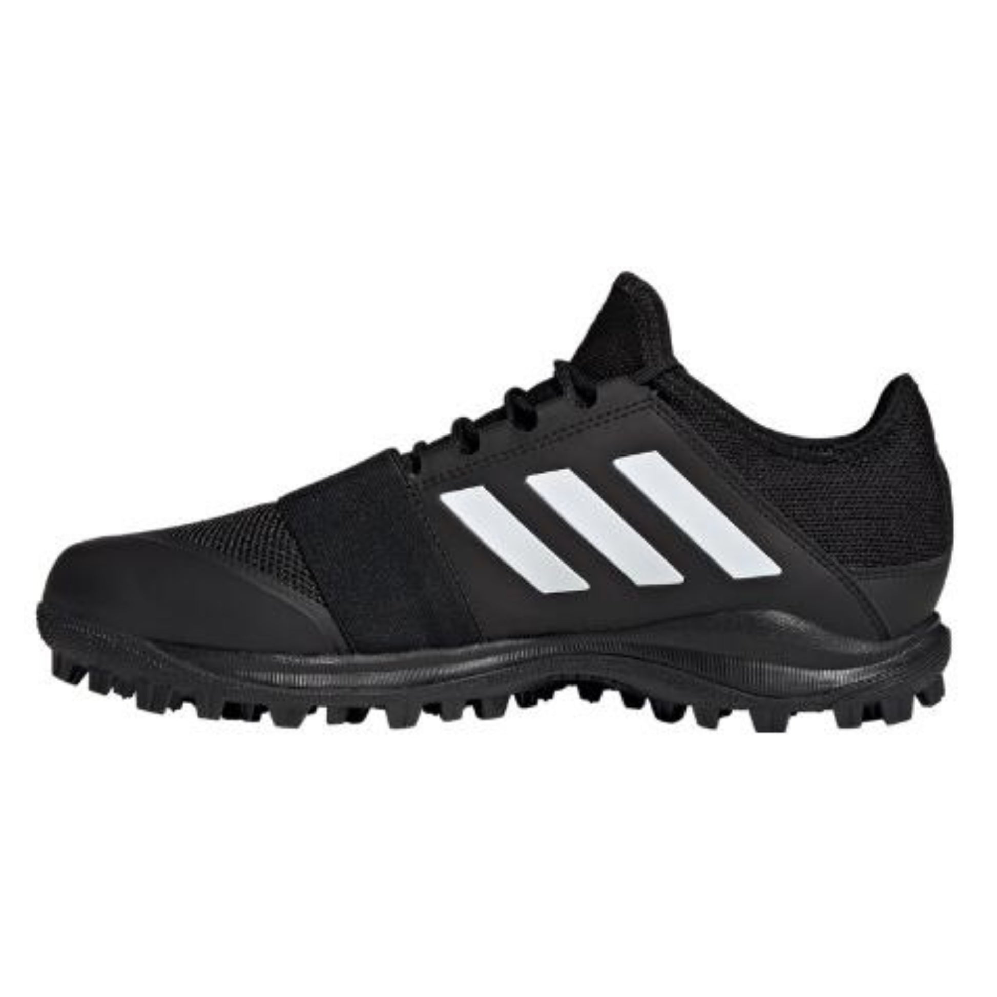 Black Adidas hockey shoe with white stripes on a white background