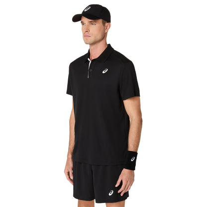 Man wearing a black polo shirt, shorts, and cap with a visible brand logo on a white background
