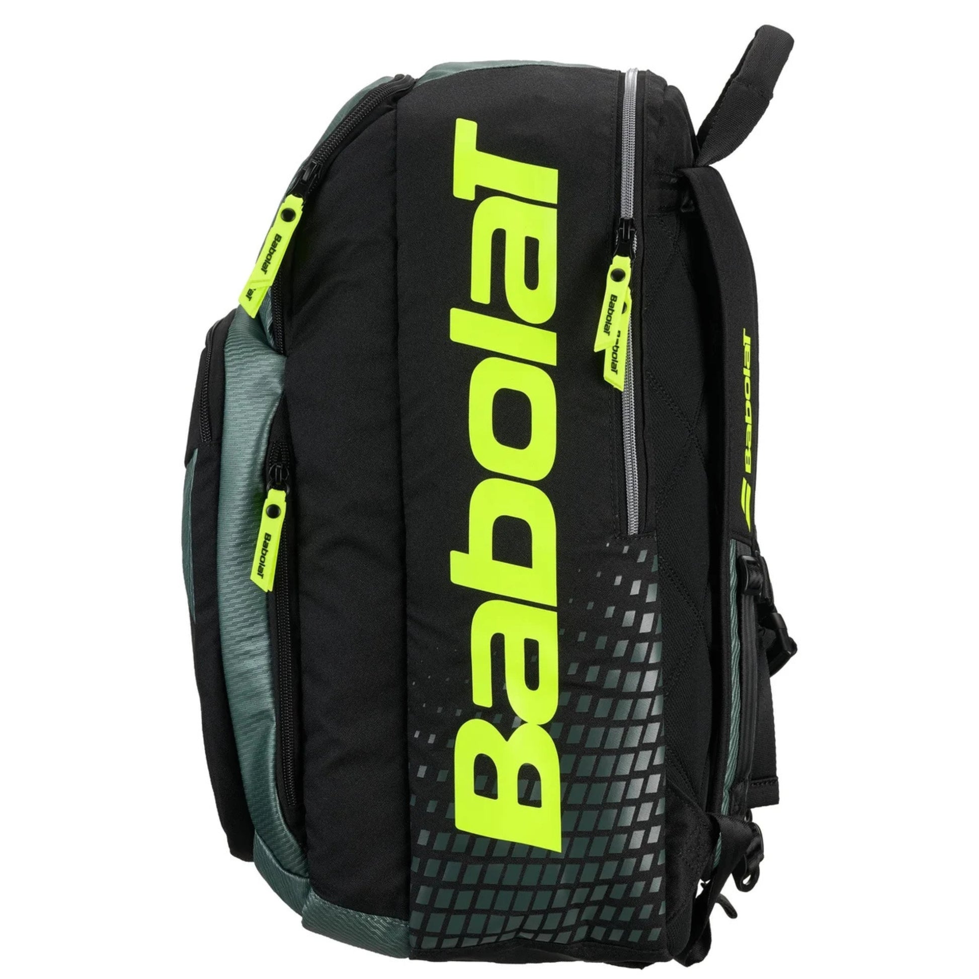 Black and yellow Babolat backpack on a white background