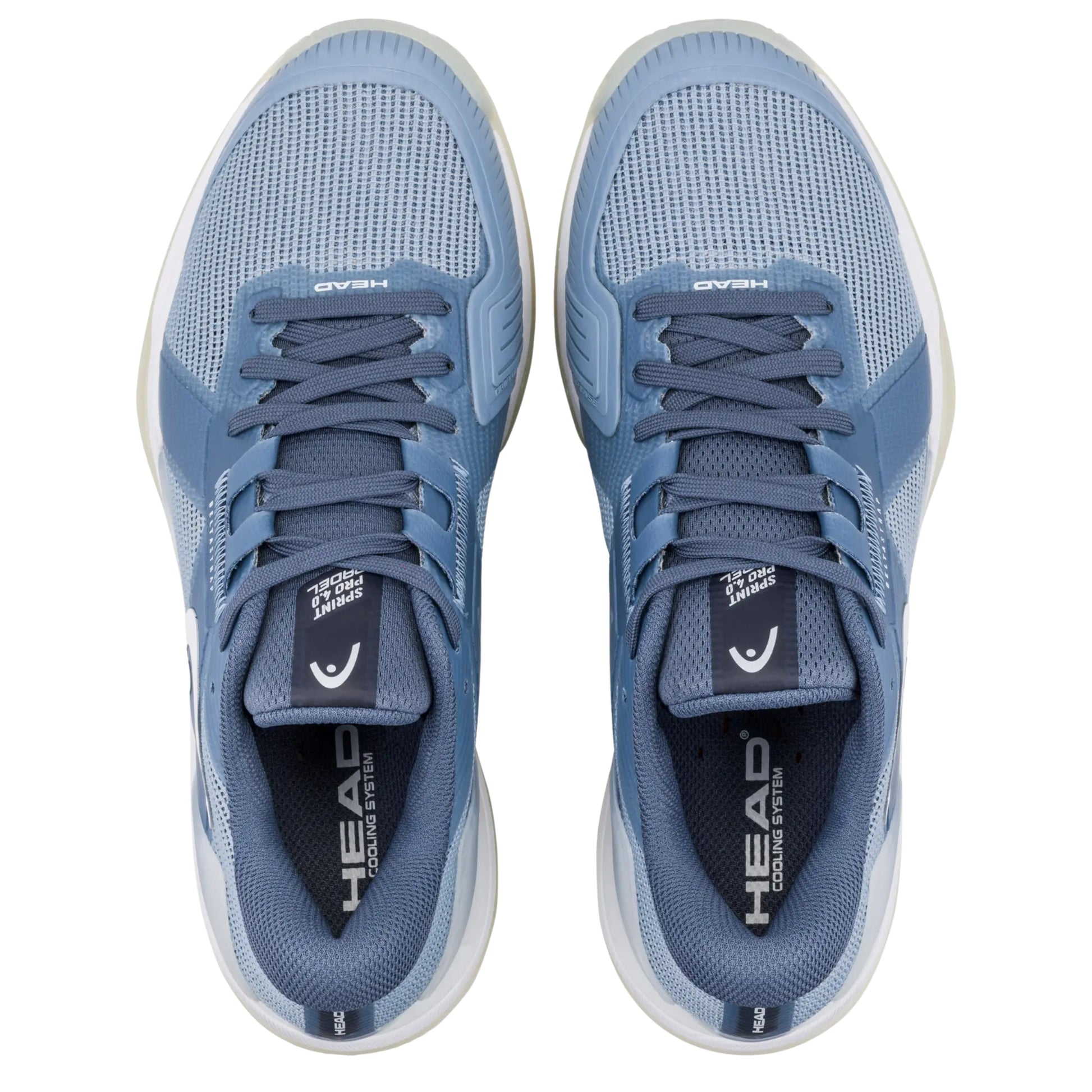 Pair of blue Padel shoes with HEAD branding on a white background